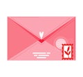 Pink envelope with heart seal and postage stamp vector illustration. Love letter, romantic correspondence concept Royalty Free Stock Photo