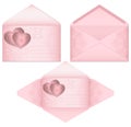 Pink envelope with hearts Celebratory envelopes with valentines Pink open envelope with romantic purple hearts and oriental floral Royalty Free Stock Photo