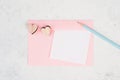 Pink envelope with hearts, empty copy space, blue pencil, valintines day greeting card, romantic mail, love