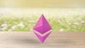 Pink Ethereum gold sign icon on blur field of flowers. 3d render isolated illustration, cryptocurrency, crypto, business,