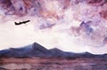 Evening mountain landscape with clouds and taking off the black silhouette of the aircraft watercolor illustration