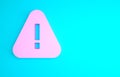 Pink Exclamation mark in triangle icon isolated on blue background. Hazard warning sign, careful, attention, danger Royalty Free Stock Photo