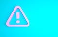 Pink Exclamation mark in triangle icon isolated on blue background. Hazard warning sign, careful, attention, danger Royalty Free Stock Photo