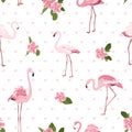 Pink exotic flamingo birds, tropical camelia flowers, green leaves hearts on white background. Stylish seamless pattern.