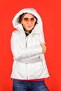 Pink eyeglasses. Woman fashion model. Fashion outfit. Keep calm and wear cool glasses. Cute Pretty girl hood jacket red