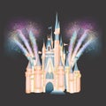 Pink fabolous castle of princess in fireworks, magic kingdom attribute Royalty Free Stock Photo