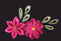 Pink fabric flowers and green leaves illustration, close up Royalty Free Stock Photo
