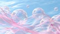 Pink Fabric Fluttering in the Sky with Floating Soap Bubbles, Dreamlike Background, 3D Render Royalty Free Stock Photo