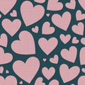 Pink fabric hearts mess lovely romantic seamless pattern on dark green