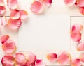 Pink fabric rose petals border over white wood table background top view from above - marriage, love, wedding or valentine`s day Royalty Free Stock Photo