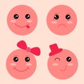 Pink face character emoticons in smile, crying, lady and gentleman facial expressions.