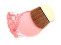 Pink facial powder in box and crushed powder on white background.