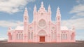 Minimalist Baroque Architecture: 3d Rendering Of A Pink Church With Clouds And Sky