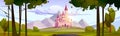 Pink fairy tale castle in mountain valley Royalty Free Stock Photo