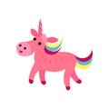 Pink fairytale unicorn with a rainbow mane cartoon vector Illustration