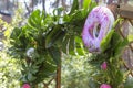 Pink fake flamingo wedding decoration with anthurium flowers and