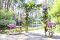 Pink fake flamingo wedding decoration with anthurium flowers and