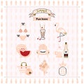 Pink fashion trends summer and beach fun icons set on pattern background