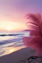 A pink feather on the beach at sunset with a body of water in background, AI Royalty Free Stock Photo