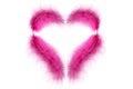 Pink feathers in the form of Valentine`s heart on a white background. Isolated heart. Royalty Free Stock Photo