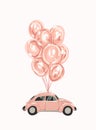 Pink female car with balloons for your design. Retro car. little pink Classic American Vintage Pink Car Royalty Free Stock Photo