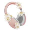 Pink female Headphones with daisy flowers. Hand drawn watercolor illustration of Earphone for women on isolated