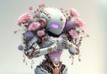 Female robot with flower to use as Valentine post card on a pink background. Generative AI