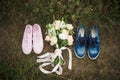 Pink female trainers shoes and blue male trainers shoes Royalty Free Stock Photo