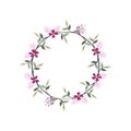 Pink Fern, Iris and Lavender flower wreath. Green decorative ivy. Spring floral round frames. Creeper plant flat vector