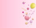 Pink festive background with colorful balloons.