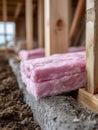 Pink fiberglass insulation at a construction site. Royalty Free Stock Photo