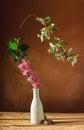 Pink fieldflowers branch inside glass vase