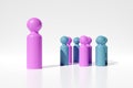 Pink figure leading mixed group of blue and pink figures on white background, abstract concept of male and female gender equality