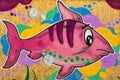 Pink Fish Grafito on Public Wall, Street Art Graffiti