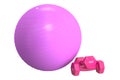 Pink Fitball and dumbbells, 3D rendering