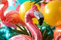 A pink flamingo balloon sits perched on top of a table, creating a whimsical and playful scene, Flamingo shaped balloons for a