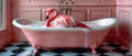 Pink flamingo in bathtub with pink faucet black and white checkered floor. Concept Flamingo Royalty Free Stock Photo