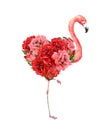 Pink flamingo bird with floral heart. Red, pink rose flowers. Watercolor for Valentine day Royalty Free Stock Photo