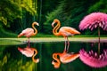 Pink flamingo birds relaxing in a garden pond ai genrated