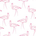 Pink flamingo birds wearing crown seamless pattern