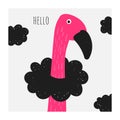 Pink flamingo with black clouds. Card, postcard, print, wall poster with bird