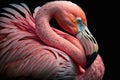 Pink flamingo close up on black background. Generative AI Royalty Free Stock Photo