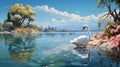 Pink flamingo and swans. Beautiful nature landscape