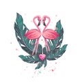 Pink flamingo couple lovers in tropical leaves with splashes of paint. Watercolor illustration. Composition for the Royalty Free Stock Photo