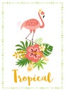 Pink flamingo cute green tropical leaves hibiscus bouquet. Tropical concept Summer party background Vector