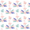 Cute pink flamingo with exotic tropical leaves and flower seamless vector pattern background illustration