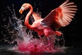 A pink flamingo gracefully splashes water into the air, creating an elegant and mesmerizing display, The flamingo runs on water