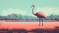 Retro Pink Flamingo Illustration With Chromatic Landscape