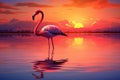 Pink flamingo on the lake at sunset. Beautiful nature background, flamingo in the sunset on the lake, AI Generated