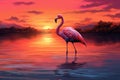 Pink flamingo on the lake at sunset. Digital painting. Illustration, flamingo in the sunset on the lake, AI Generated